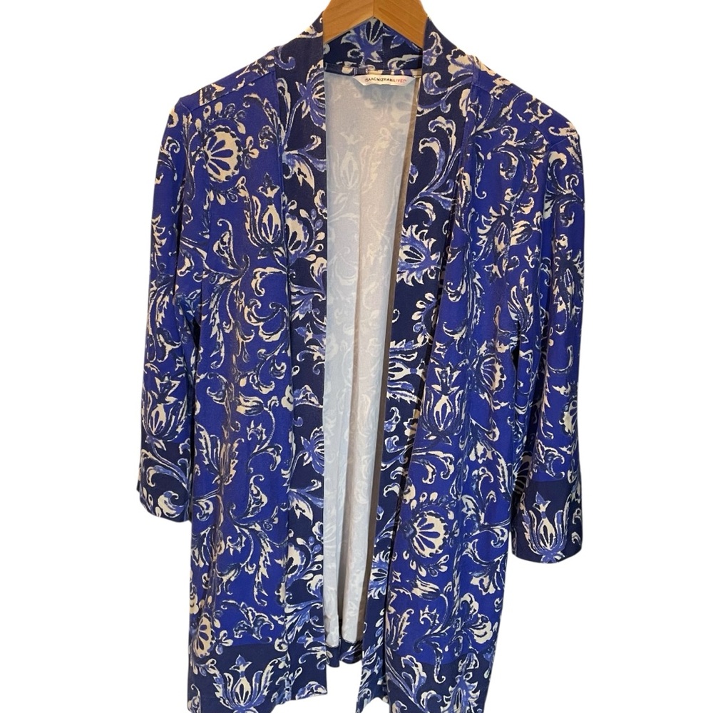 Isaac Mizrahi Live! Royal Blue and White Floral Cardigan Open Front Blazer Sz L
